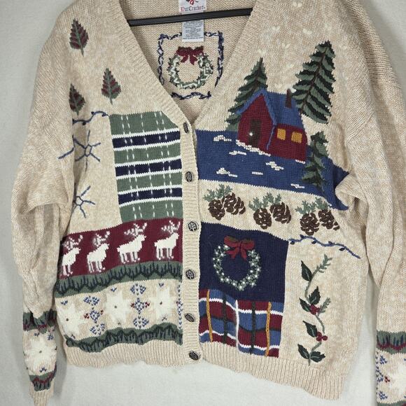 Vintage Sweater Nut Cracker Cardigan XL Beige Christmas Party Deer Forest Cabin - Picture 9 of 11